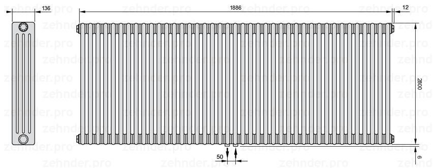 Схема (чертеж) Радиатор Zehnder Charleston 4280/41 №5410 Белый глянцевый RAL 9016